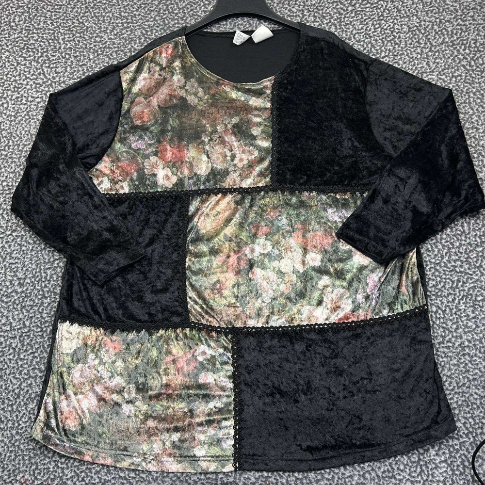 Vintage Kathryn Deene Top Women 22/24 Black Floral Velvet Long Sleeve Crew Neck
